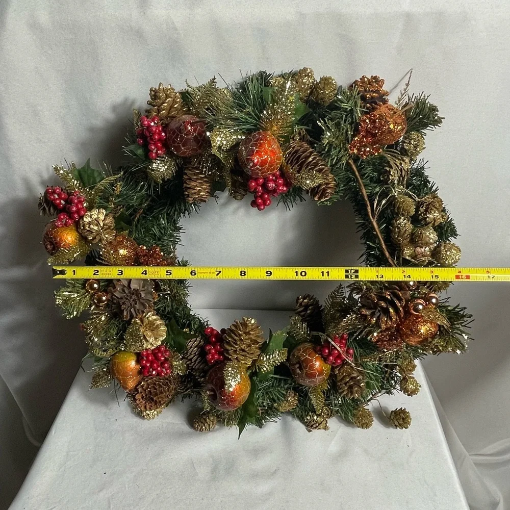 Festive Gold Pinecone & Red Berry Holiday Wreath 18” Christmas Decor